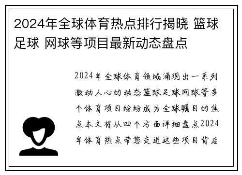 2024年全球体育热点排行揭晓 篮球 足球 网球等项目最新动态盘点